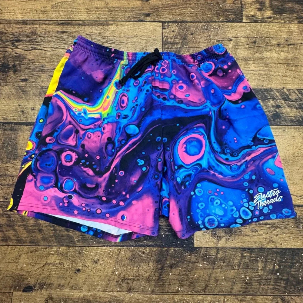 KLATIE Electric Threads Mens Swim Trunks Shorts 3XL Print Blue Yellow Drawstring